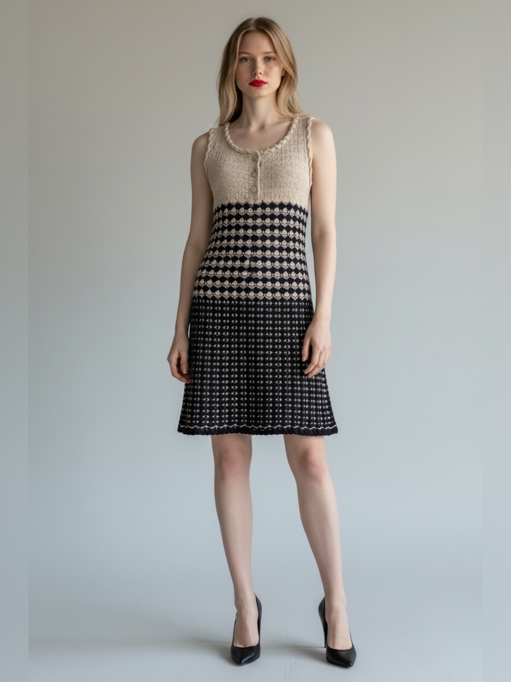 CHANEL Beige and Black Knit Sleeveless A-Line Dress